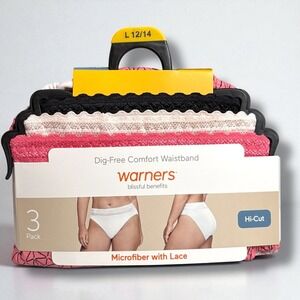 Warners Blissful Benefits Hi-Cut Panties 3 Pack Microfiber Lace Waistband L